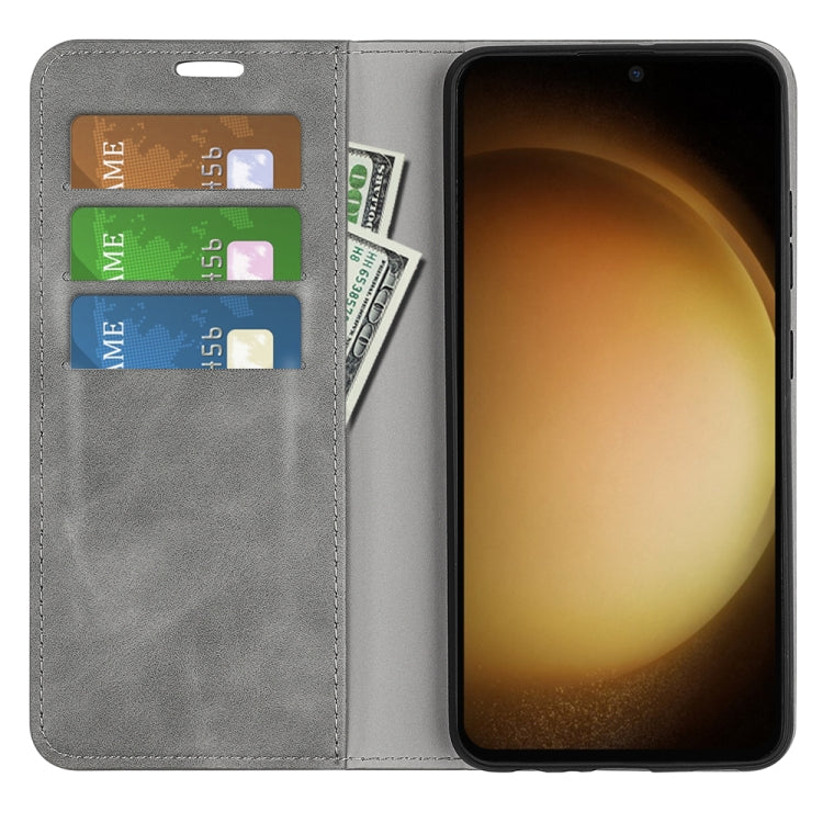 For Samsung Galaxy S24+ 5G Retro-skin Magnetic Suction Leather Phone Case showcasing its stylish design and card slot functionality.